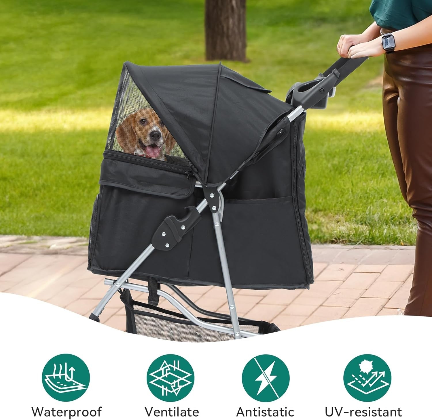 Black 4 Wheel Dog Stroller Folding Pet Pushchair Cup Holder Storage Basket
