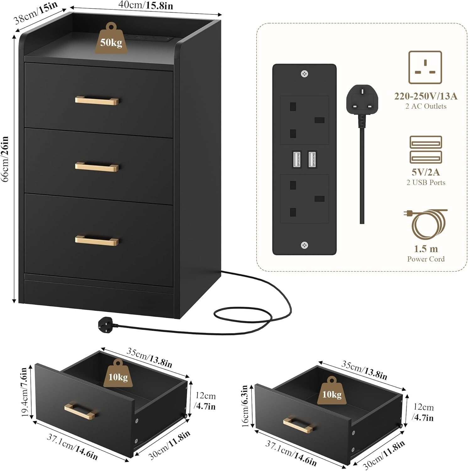 Black Bedside Table with USB Charging Station 3 Drawers Modern Nightstand