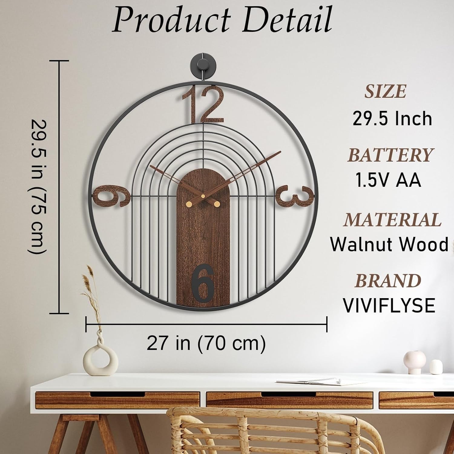 Luxury Silent 70CM Wall Clock Walnut Wood Metal Modern Decor Home Gift