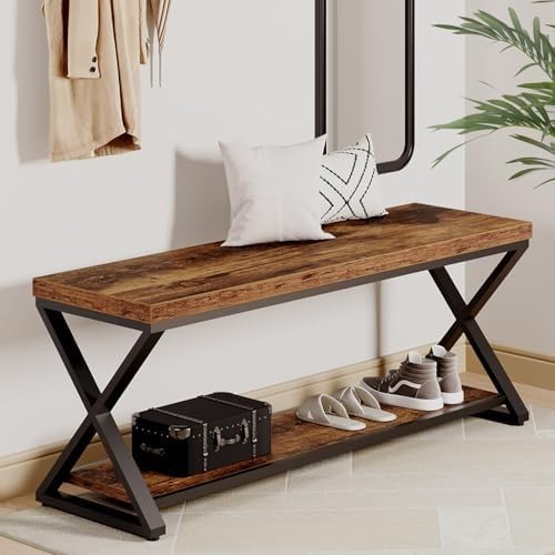 Rustic Brown Wood & Metal Entryway Bench with Shoe Storage Industrial Foyer Seat