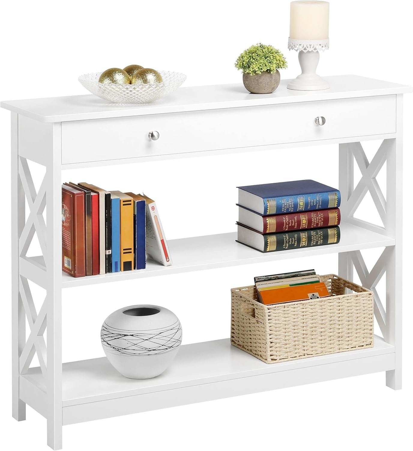 3-Tier White Console Table with Drawer & Storage Shelf, 100x30x80cm, Sturdy