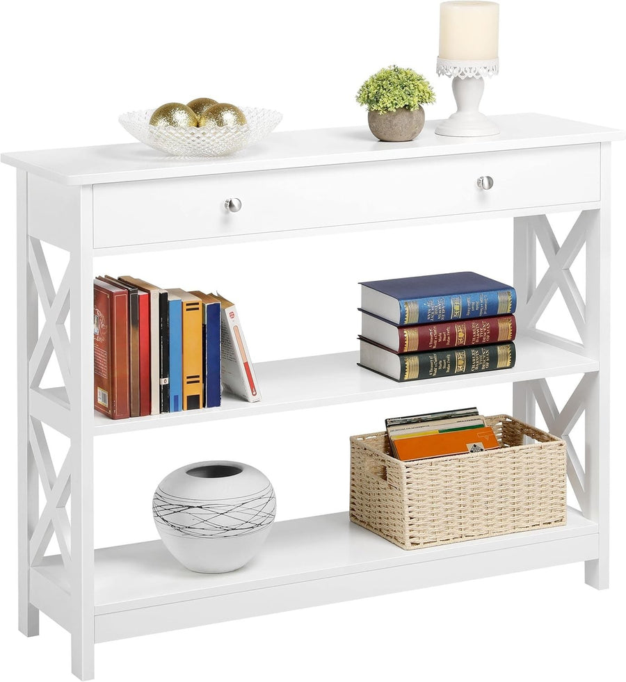 3-Tier White Console Table with Drawer & Storage Shelf, 100x30x80cm, Sturdy