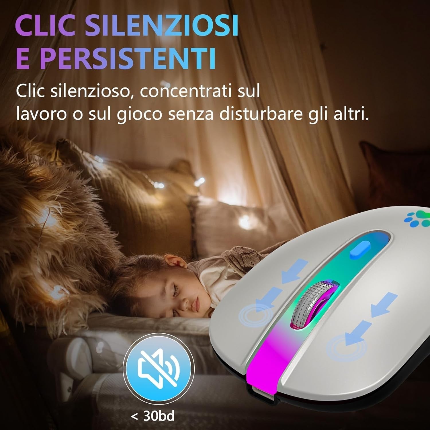 Silver Bluetooth Wireless Mouse 1600 DPI Rechargeable RGB