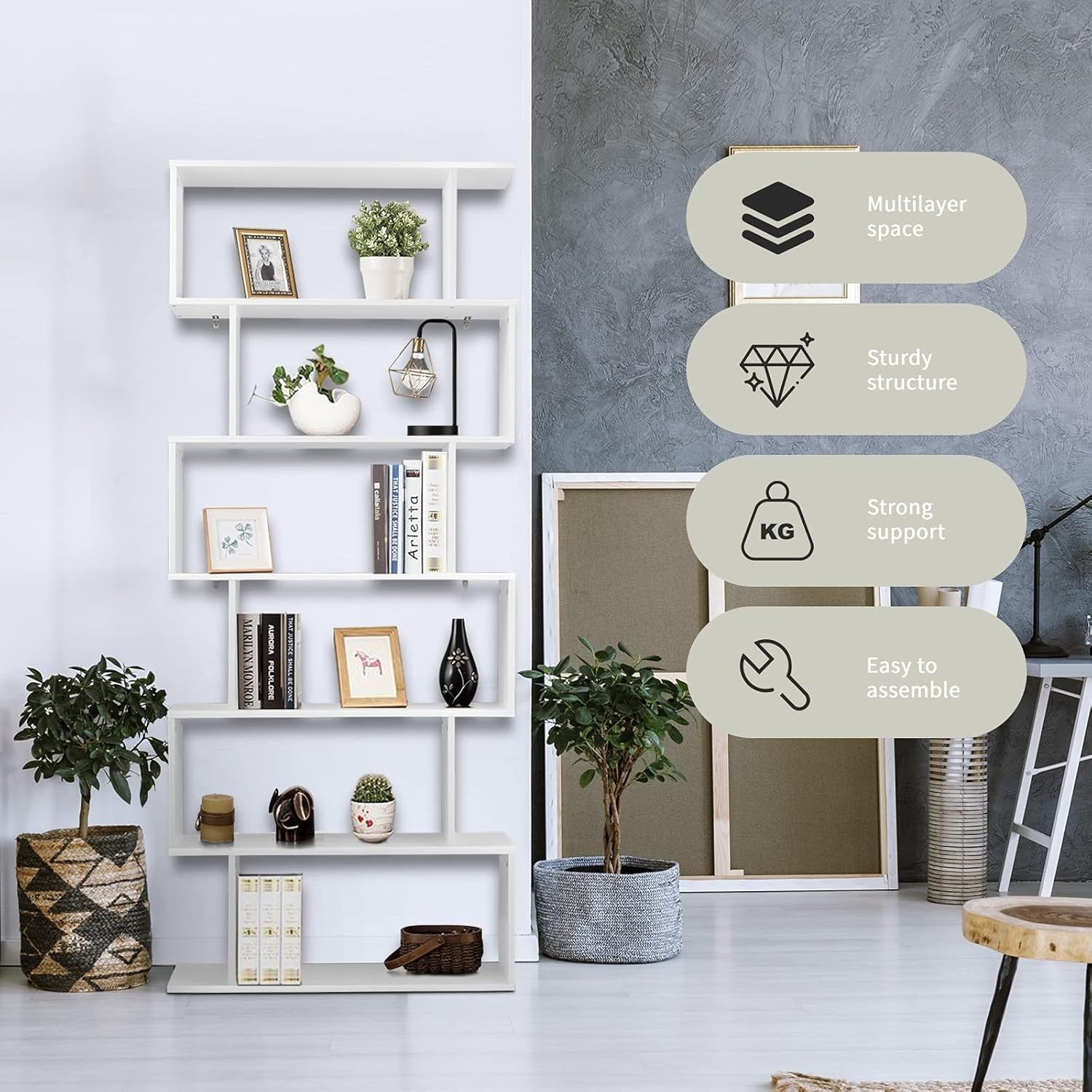 S Shaped 6 Tier Wooden Bookcase Freestanding Display Storage Shelf White