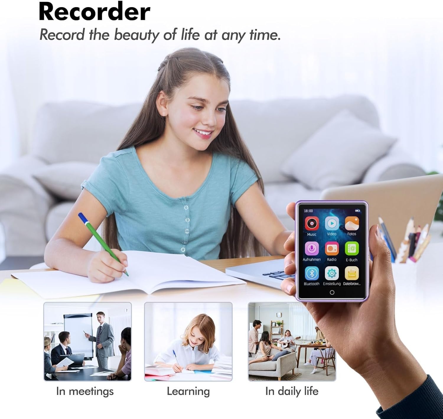 Bluetooth 5.3 64GB 2.8″ Touch MP3 Player for Kids w/ Speaker & FM Radio