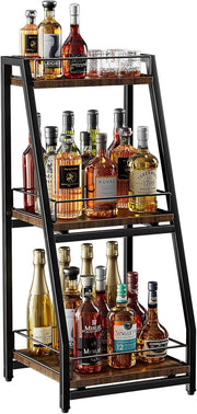 3 Tier Liquor Bar Cabinet Stepped Wine Rack with Slide Shelves & Storage
