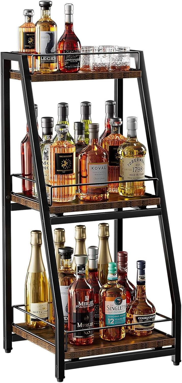 3 Tier Liquor Bar Cabinet Stepped Wine Rack with Slide Shelves & Storage