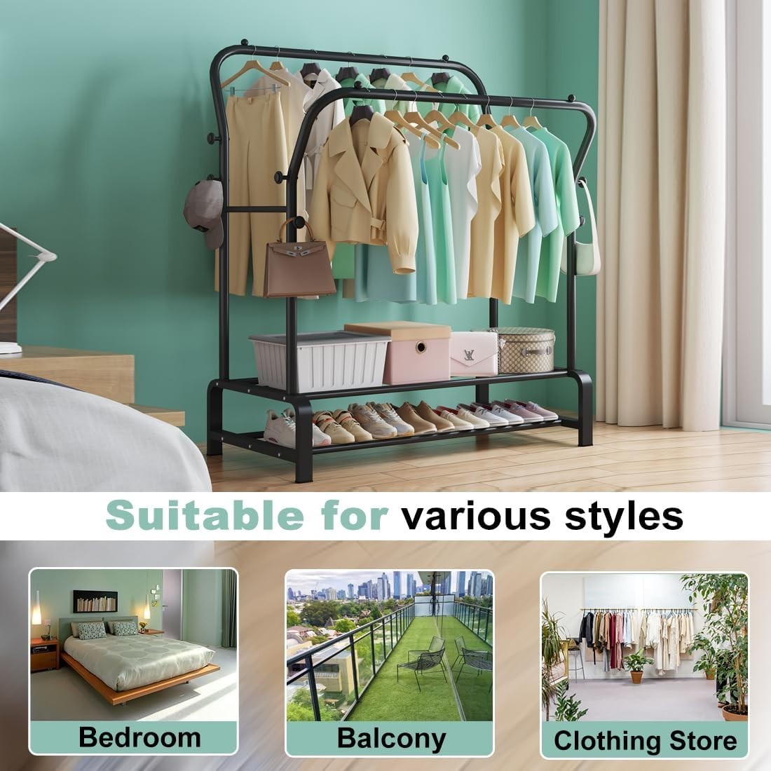 Heavy Duty Metal Clothes Rail Double Rack with Shelves & 8 Hooks Black