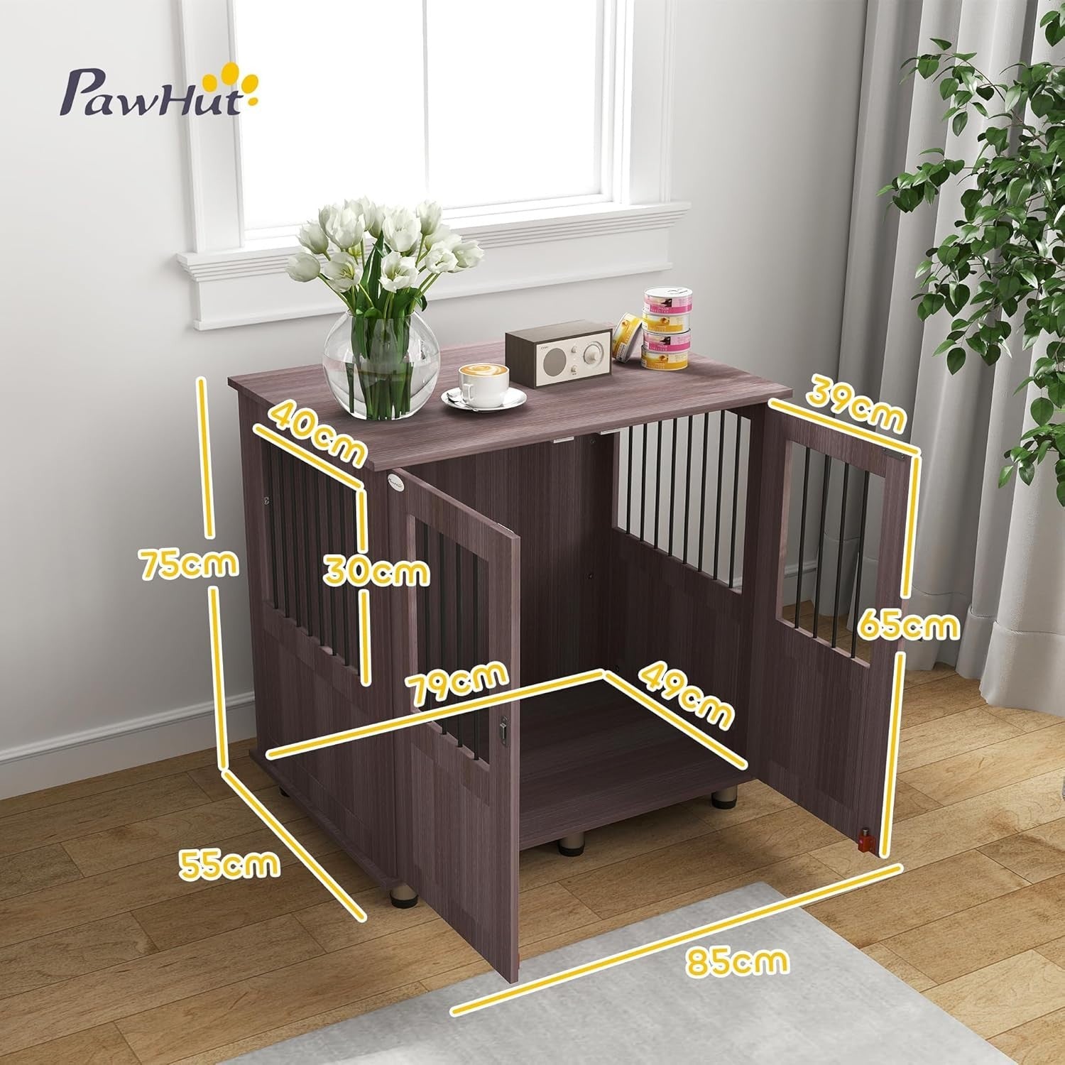 Purple Dog Crate Furniture 85x55x75cm – Indoor Kennel with Tabletop & Locking Do