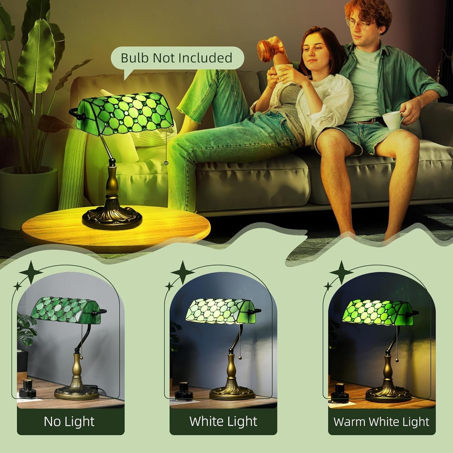 Vintage Stained Glass Table Lamp with Green Shade & Adjustable Light, 38cm