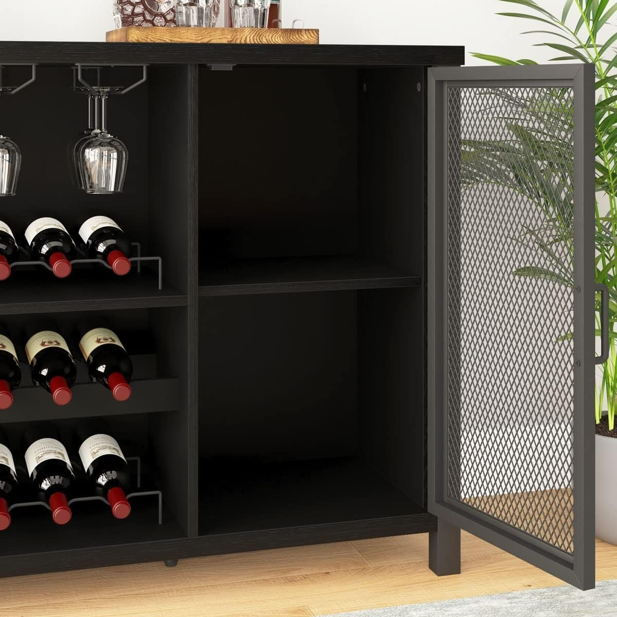Black Oak Wine Bar Cabinet Sideboard with Wine Rack & Glass Storage 140cm