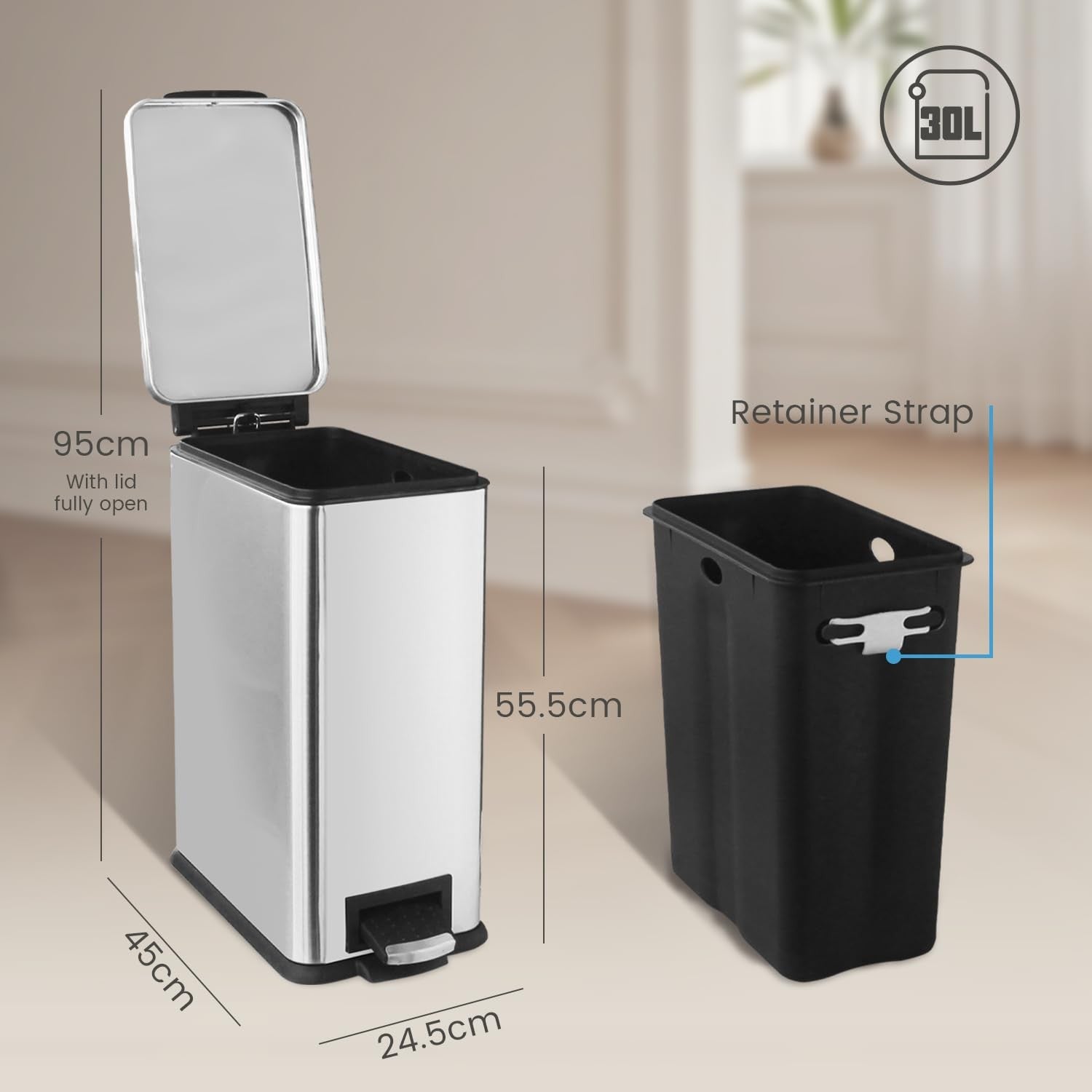 30L Slim Stainless Steel Pedal Bin Soft Close Kitchen Silver