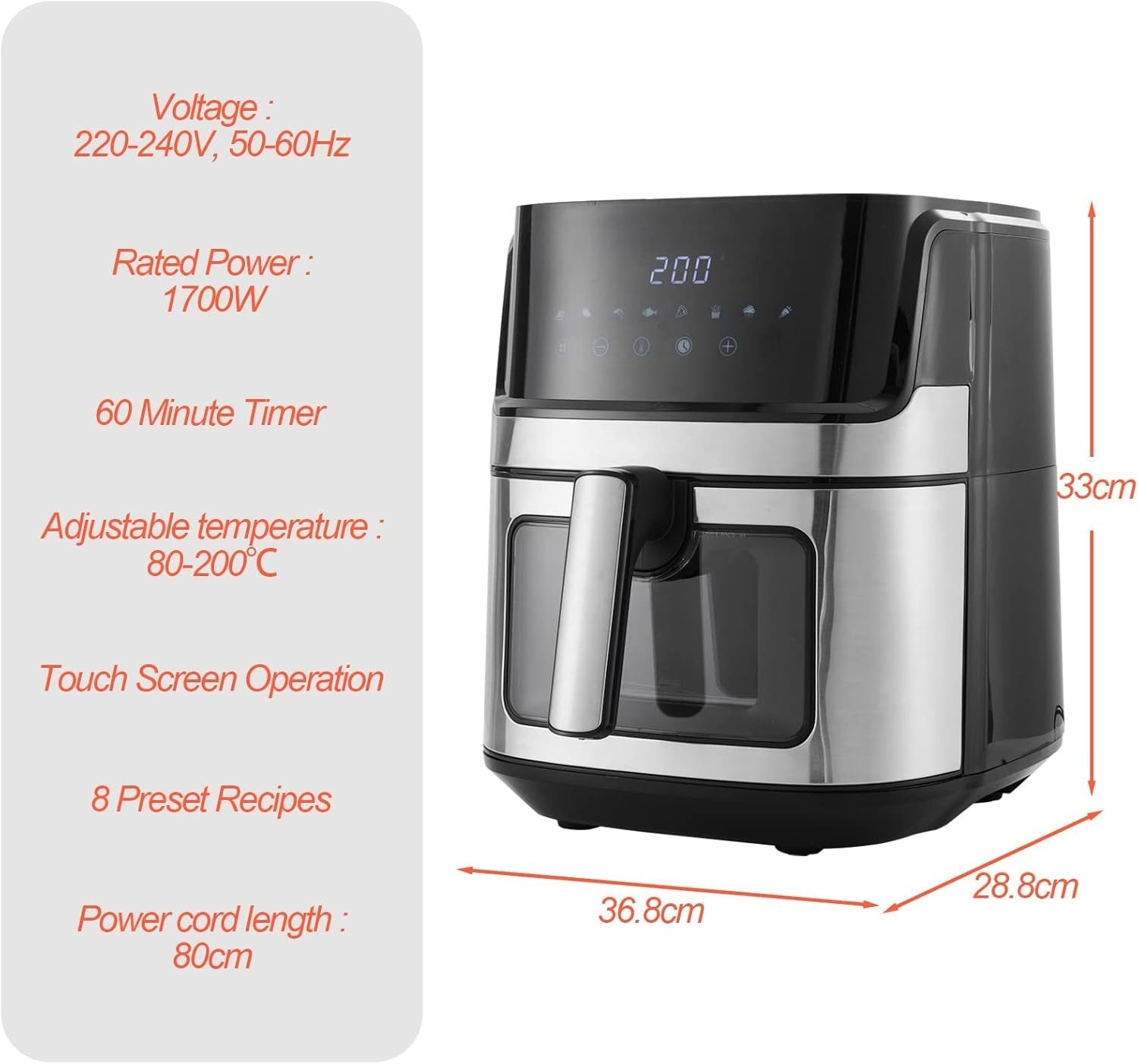 6.5L Digital Air Fryer 1700W Touch Screen 8 Presets Window
