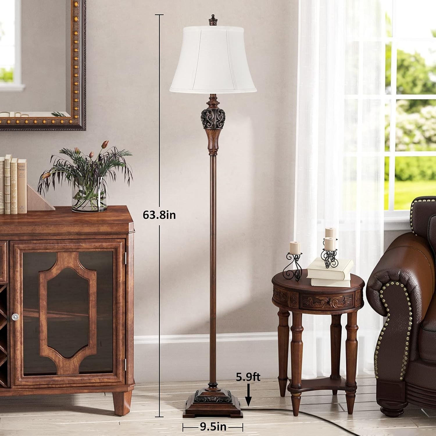 Vintage Antique Floor Lamp with White Fabric Shade, 63.8" Tall, Rustic