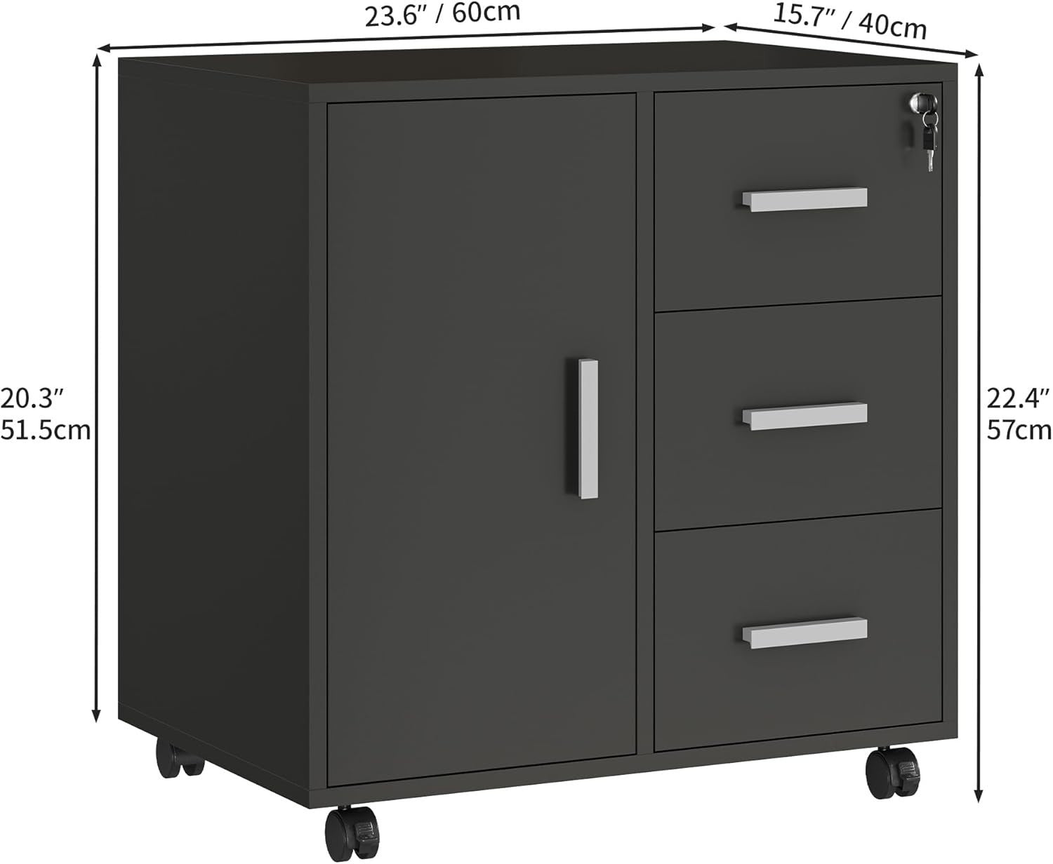 Locking Rolling Office Cabinet 3 Drawer Printer Stand Storage Unit Black