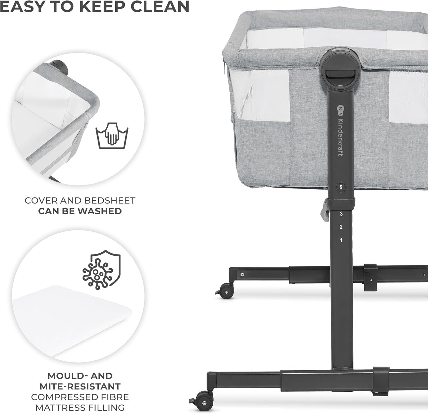 Bedside Baby Crib Co-Sleeper Cot Adjustable Height Travel Bassinet Grey