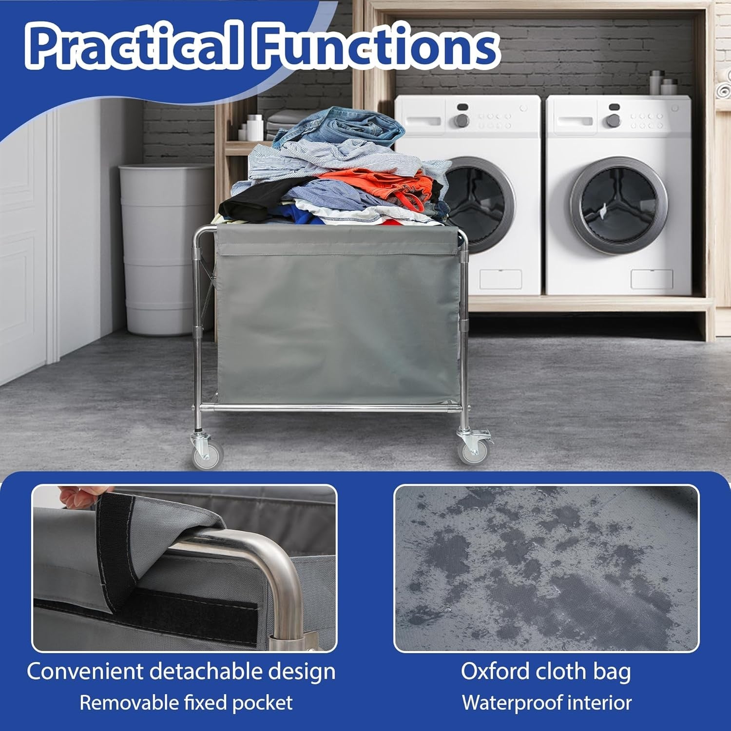 Stainless Steel Laundry Trolley with Wheels Heavy Duty 100kg Large Basket 87x52c