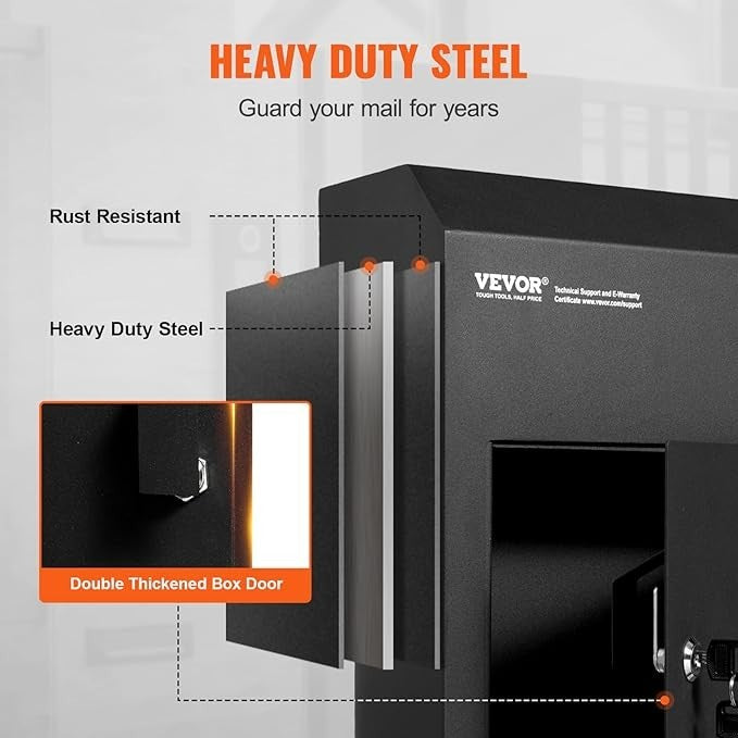 Heavy Duty Door Mail Drop Box Lockable Waterproof Steel Safe 12x6x16" Black