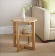 Oak Round Side Table 2-Tier | Small Coffee Table with Storage Shelf 50cm