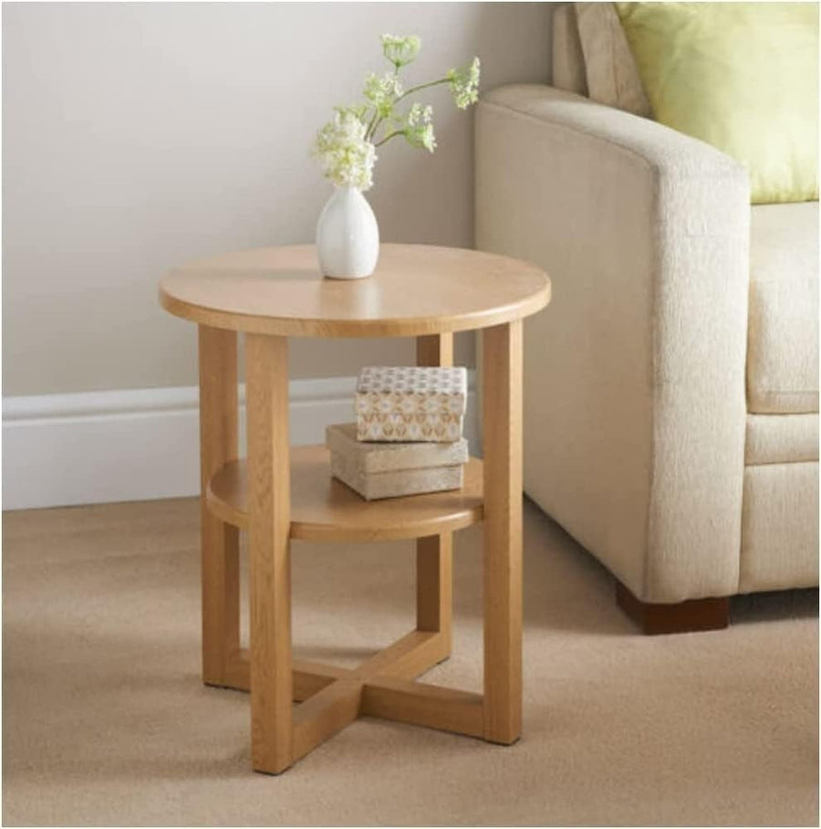 Oak Round Side Table 2-Tier | Small Coffee Table with Storage Shelf 50cm