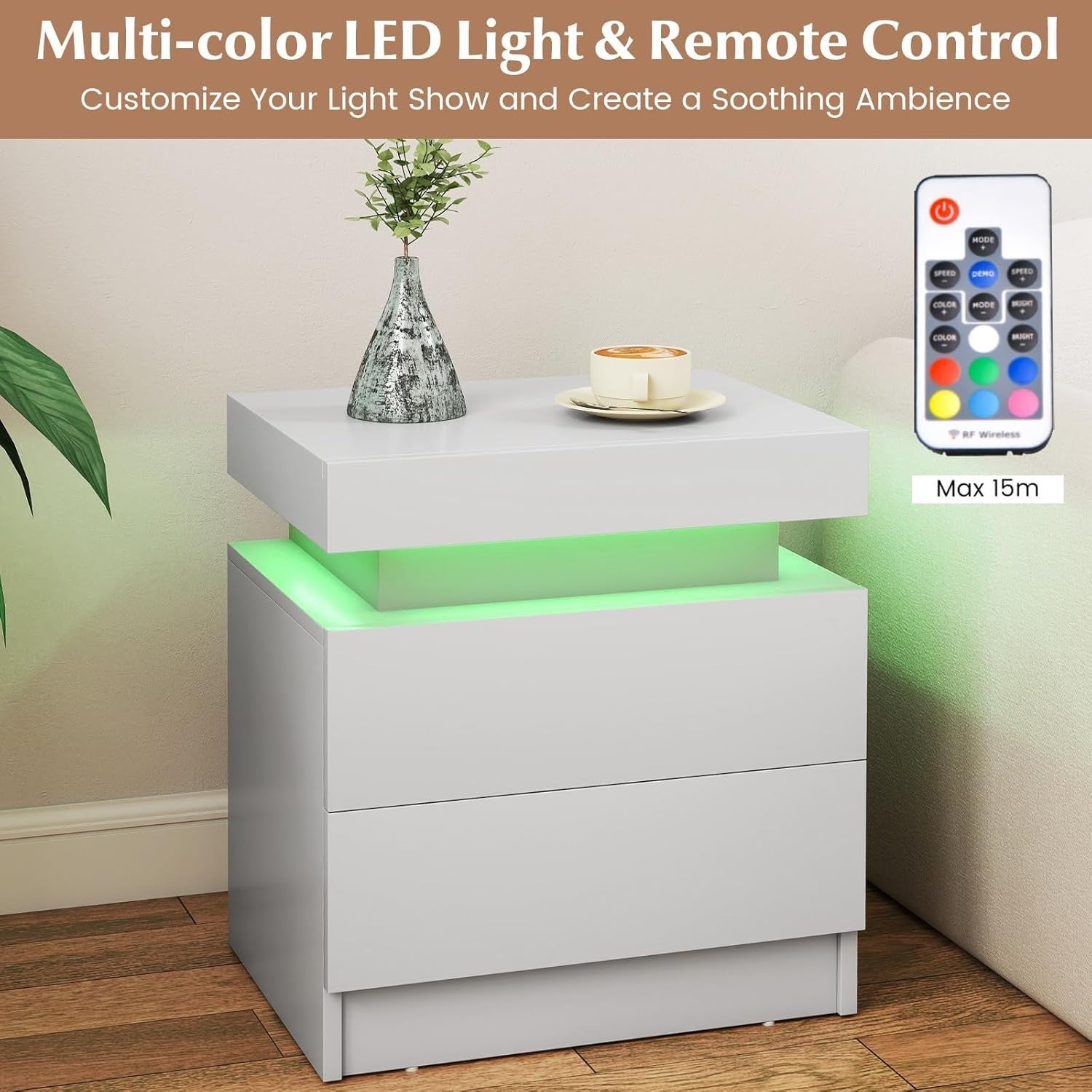 White LED Bedside Table with 2 Drawers, High Gloss Finish & Remote Control Light