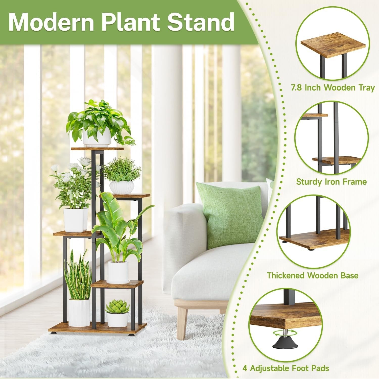 5-Tier Metal & Wood Plant Stand | Tall Corner Indoor Outdoor Shelf Display