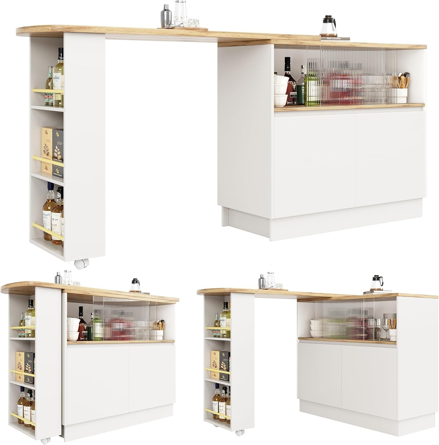 360° Swivel Bar Table w/ Shelves Glass Door White Modern Storage Unit Furniture