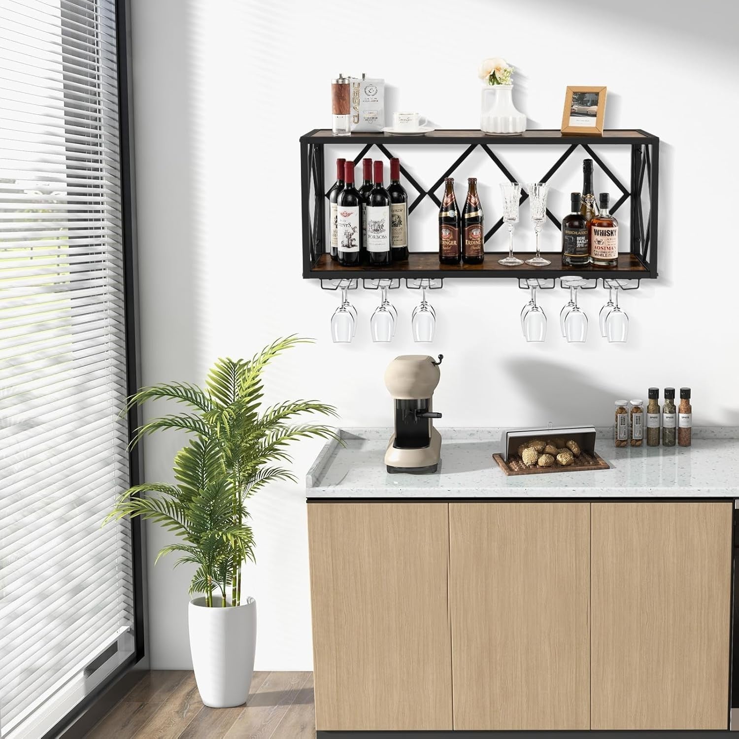 Wall Mounted Wine Rack with Glass Holder 2-Tier Metal Shelf Bar Storage Display