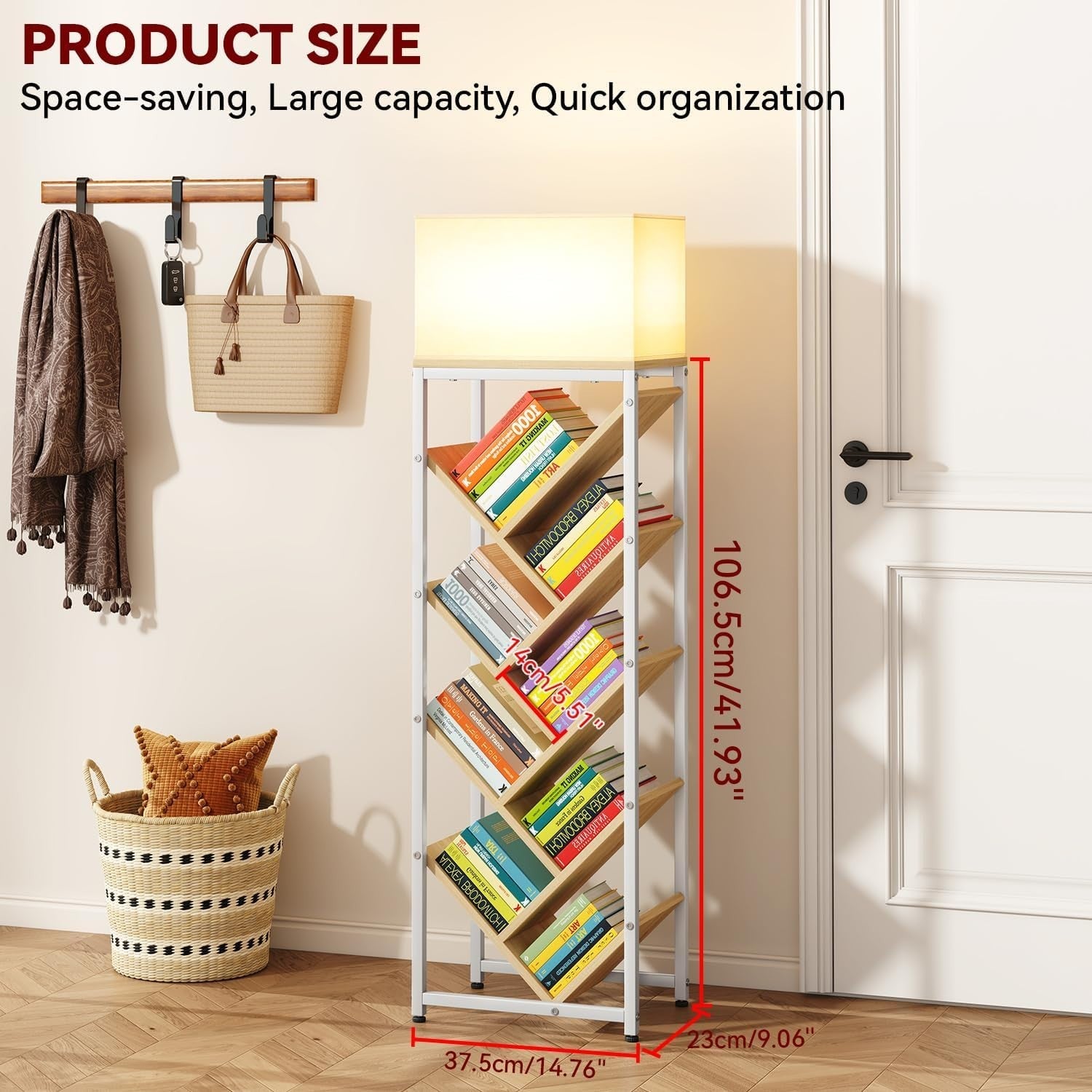 9-Tier Tree Bookshelf Wooden Floor Standing Corner Bookcase Narrow Space