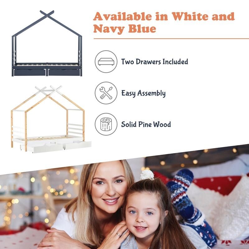 3FT Kids House Bed with Storage Drawers Solid Wood Teepee Frame Toddler Single B