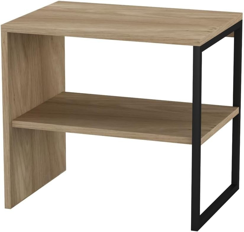 Oak Wood & Steel Side Table 40cm – Sofa or Bedside with Open Storage Shelf