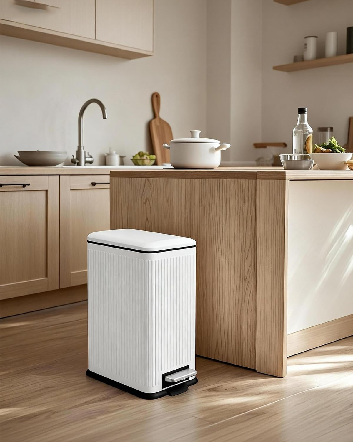 30L Slim White Pedal Bin Soft Close Stainless Steel Kitchen Bin