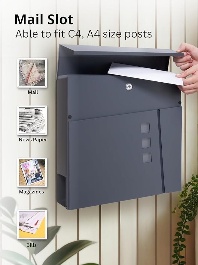 Grey Wall Mounted Lockable Post Box with Newspaper Slot Stainless Steel