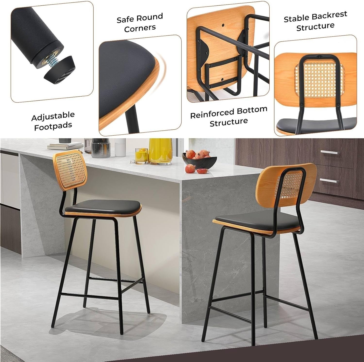 Bar Stools Set of 2 Black PU Leather Rattan Back Counter Chairs