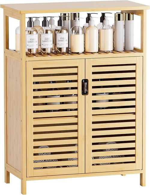 Natural Bamboo Storage Cabinet with Shutter Doors & Open Shelf 60x30x80cm