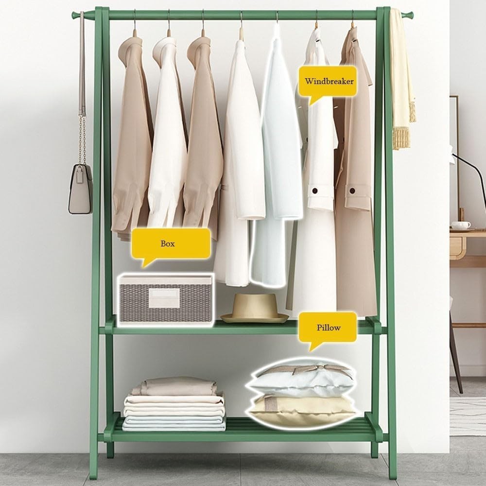 Foldable Wooden Clothes Rail with Shelves, Pine Garment Rack Grey Bean Green