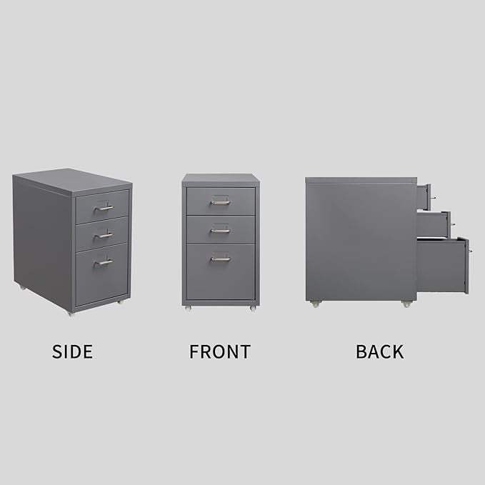 3 Drawer Metal File Cabinet with Wheels, Under Desk Office Storage Unit, Rolling