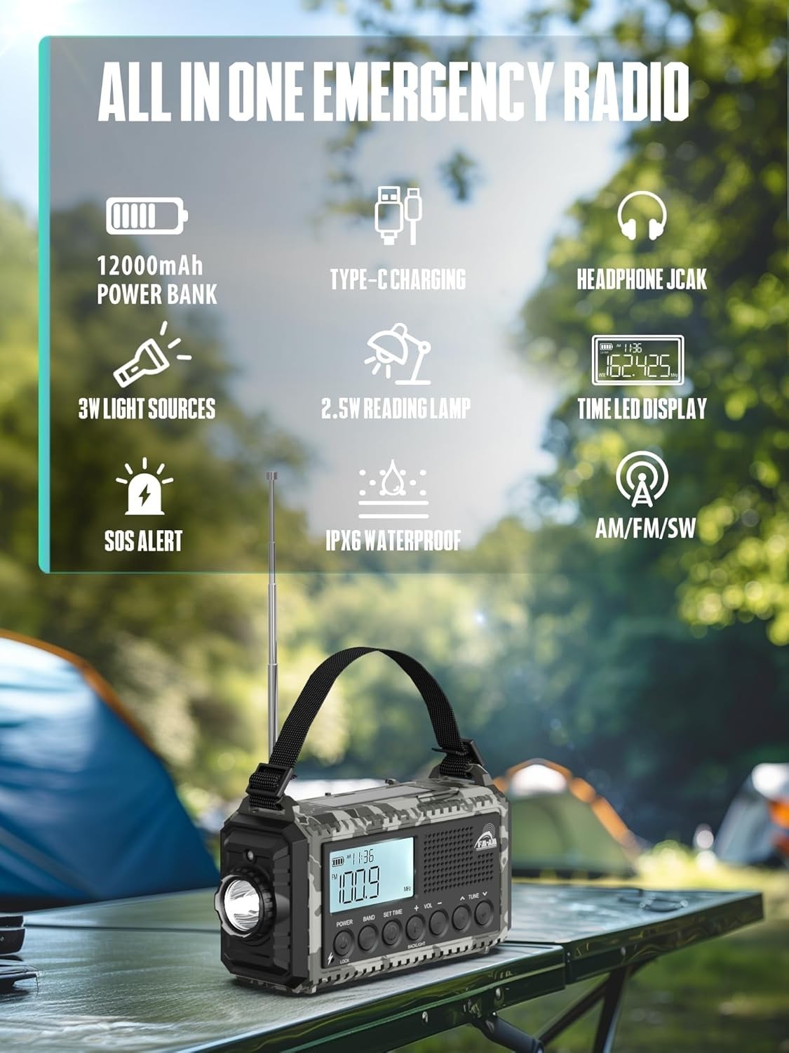 Emergency Solar Radio AM/FM/SW 12000mAh Hand Crank Waterproof Torch