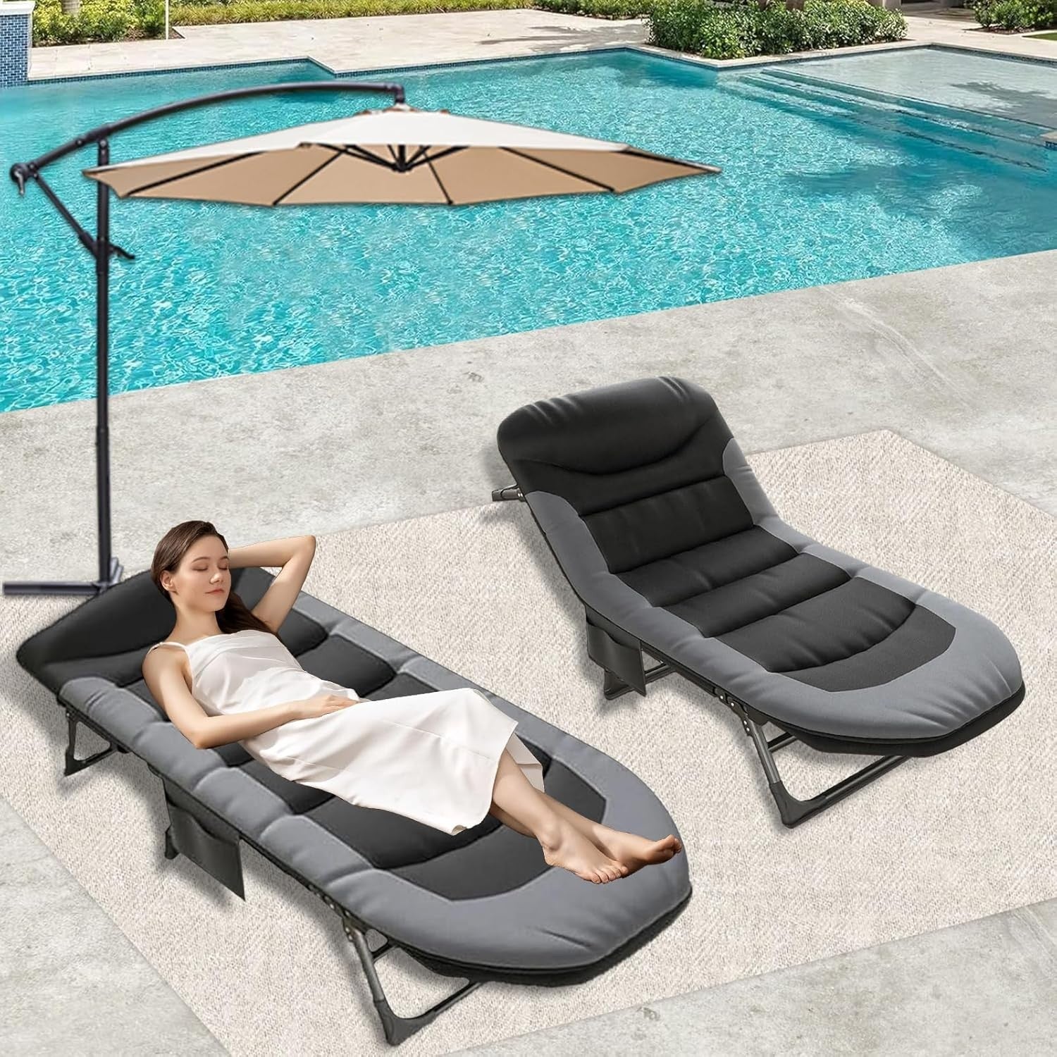 2x Folding Recliner Sun Loungers Camping Bed Chair with Pillow & Mattress