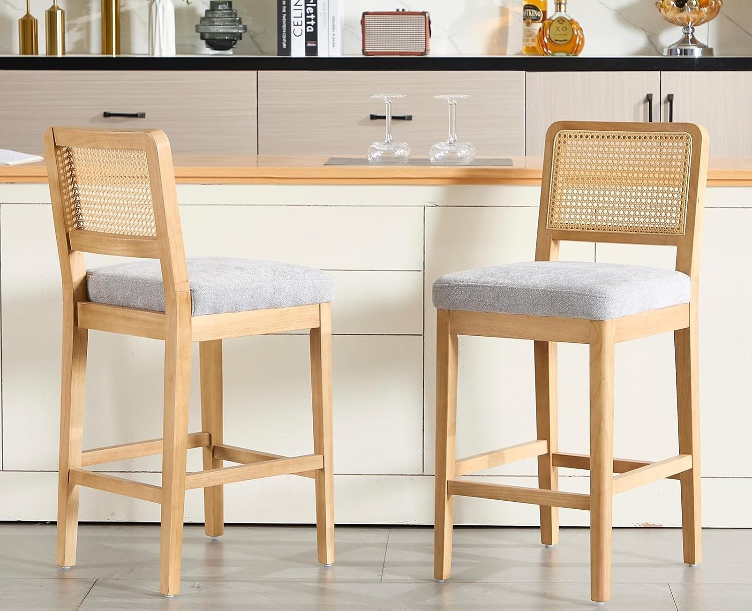 Grey Rattan Bar Stools Set of 2 Cushioned Counter Chairs Wooden Frame
