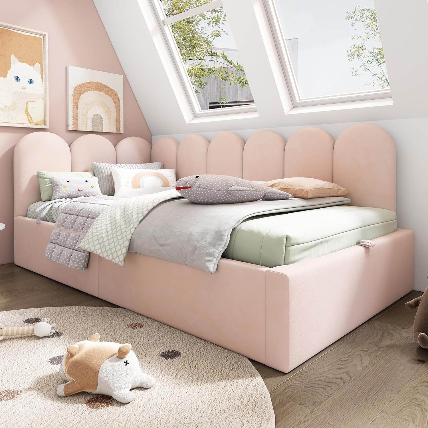 Single Sofa Bed with Storage Pink Velvet 3FT Daybed Kids Room 90x190cm