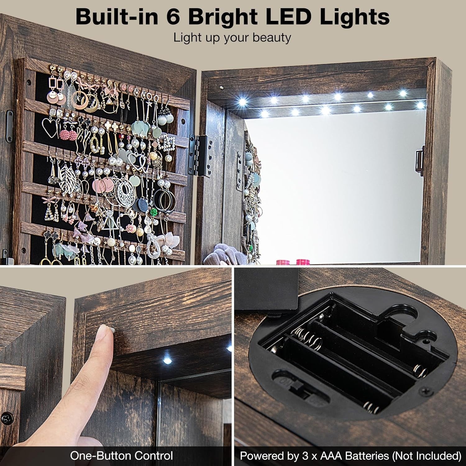 Rustic Brown 360° Swivel LED Jewelry Cabinet Mirror Lockable Storage Stand