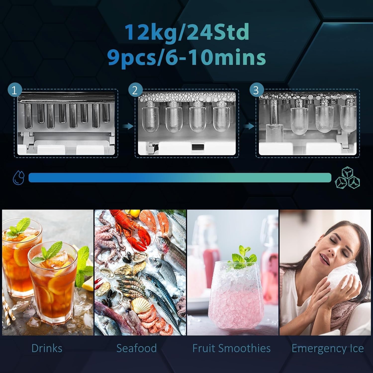 Ice Maker Machine Countertop 12kg 24H Water Dispenser Fast Ice 2 Sizes