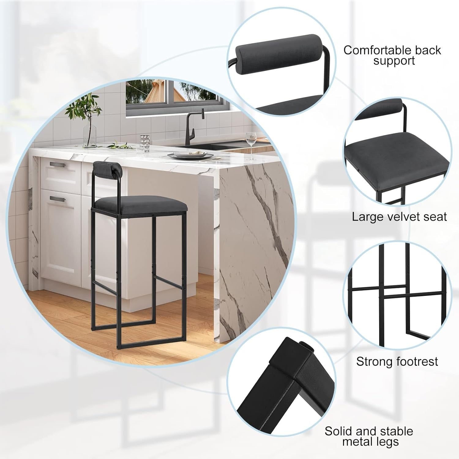 Ergonomic Velvet Bar Stool with Backrest & Footrest – Dark Grey, 95.5cm