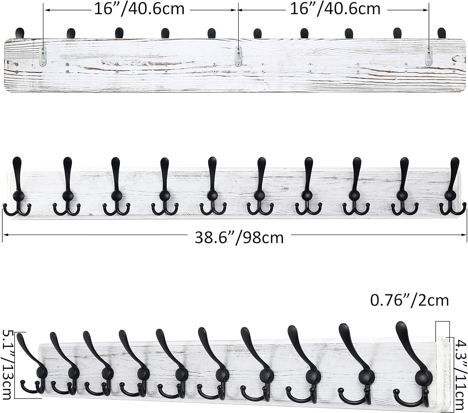 Weathered White Wooden Wall Coat Rack 38" | Heavy Duty 10 Hook Rustic Organizer