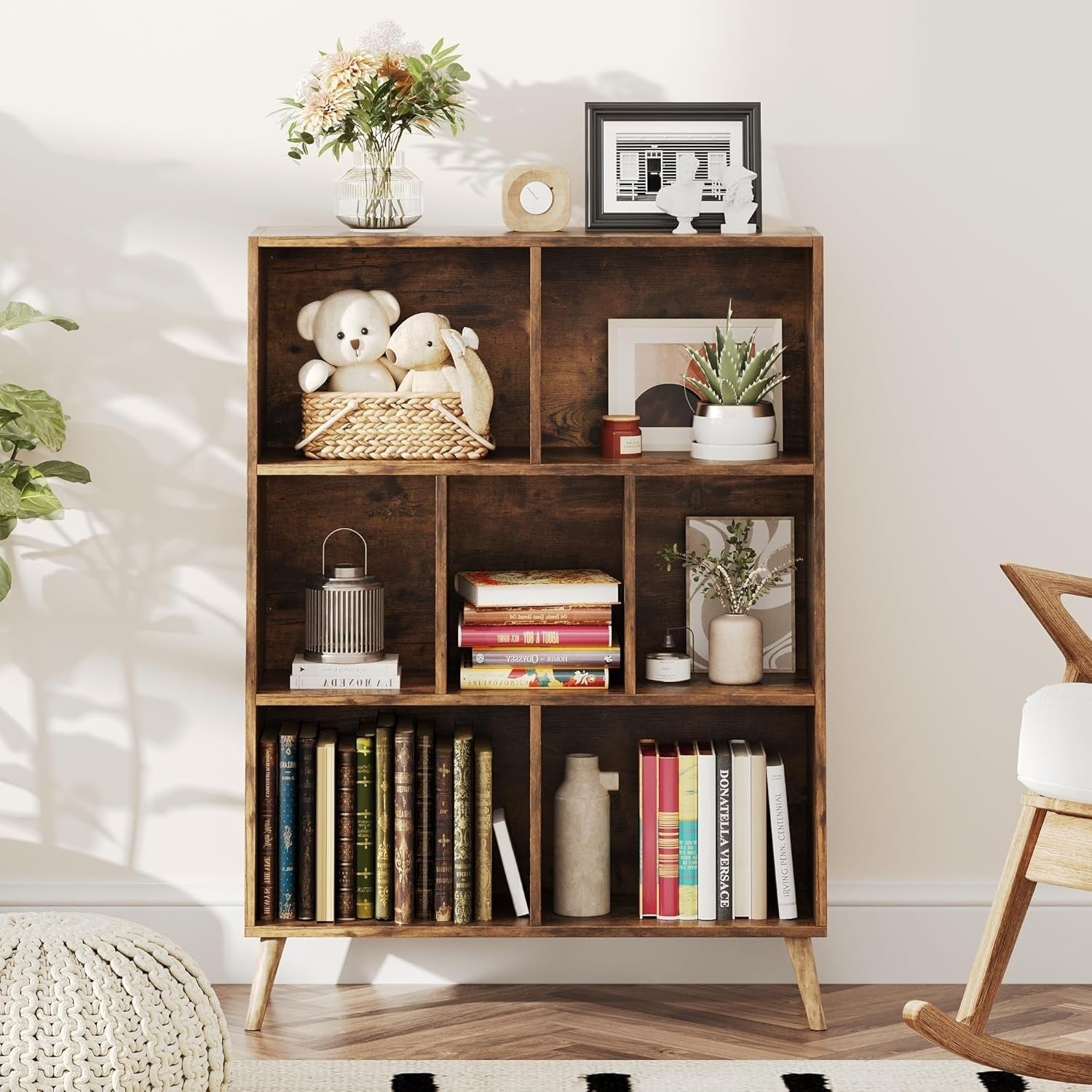 7 Cube Rustic Wooden Bookcase Modern 3 Tier Storage Shelf with Legs 80x24x107cm