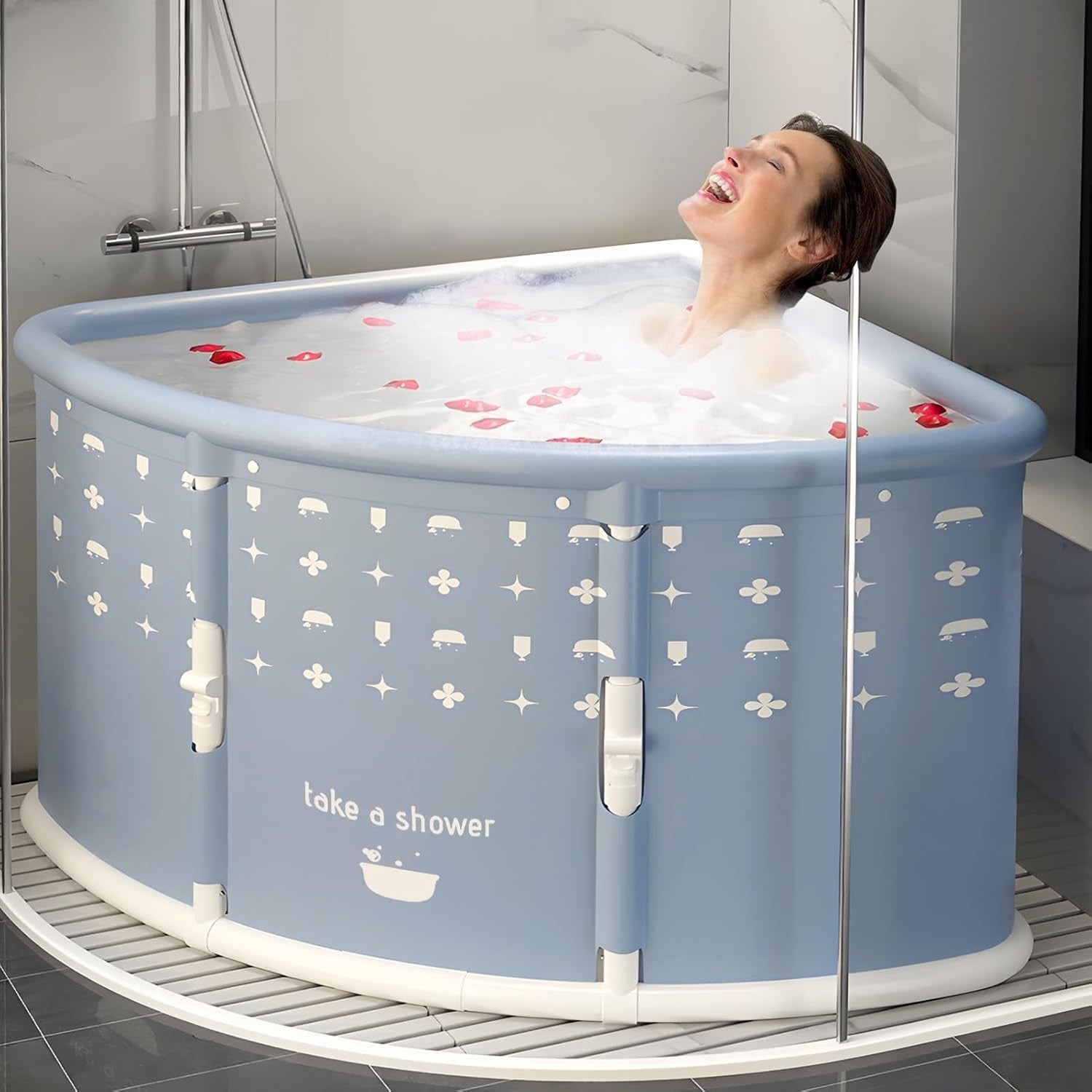 Fan-Shaped Foldable Adult Bathtub Portable Space-Saving Corner Tub Grey