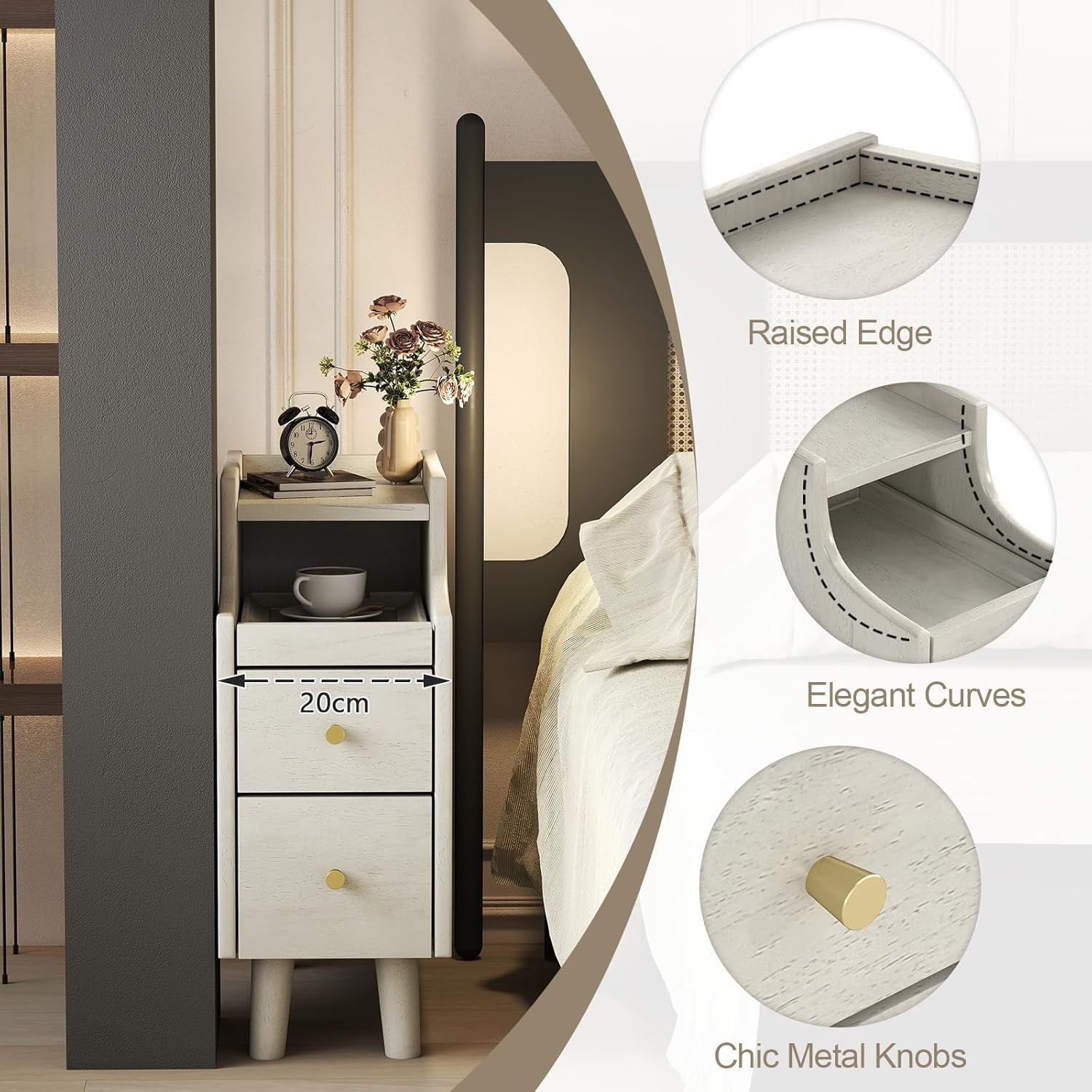 Slim White Bedside Table with 2 Drawers, Pull-Out Tray & Cable Hole, 41x20x50cm