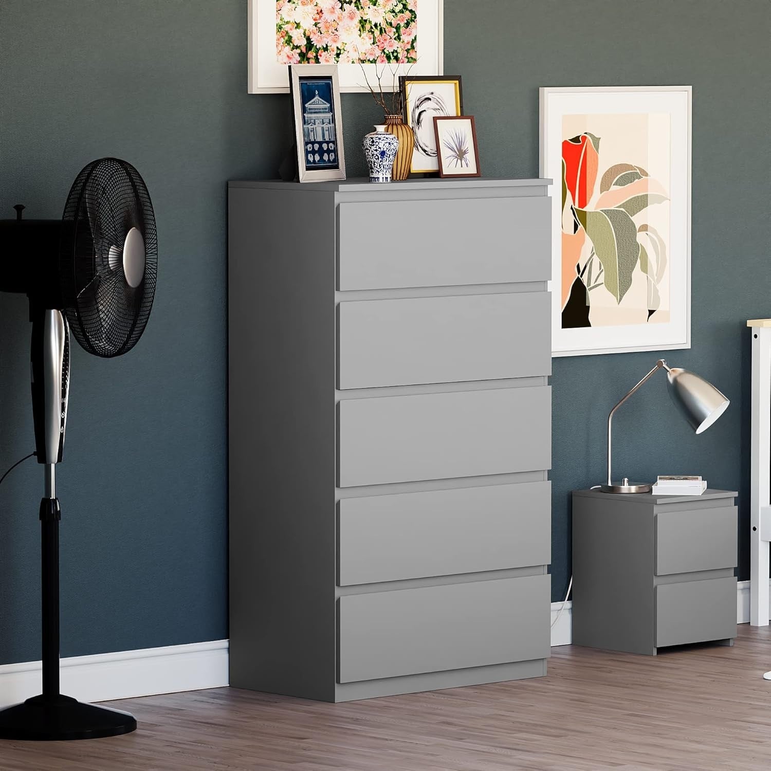Grey 5 Drawer Chest Modern Storage Unit Tall Slim Bedroom Cabinet