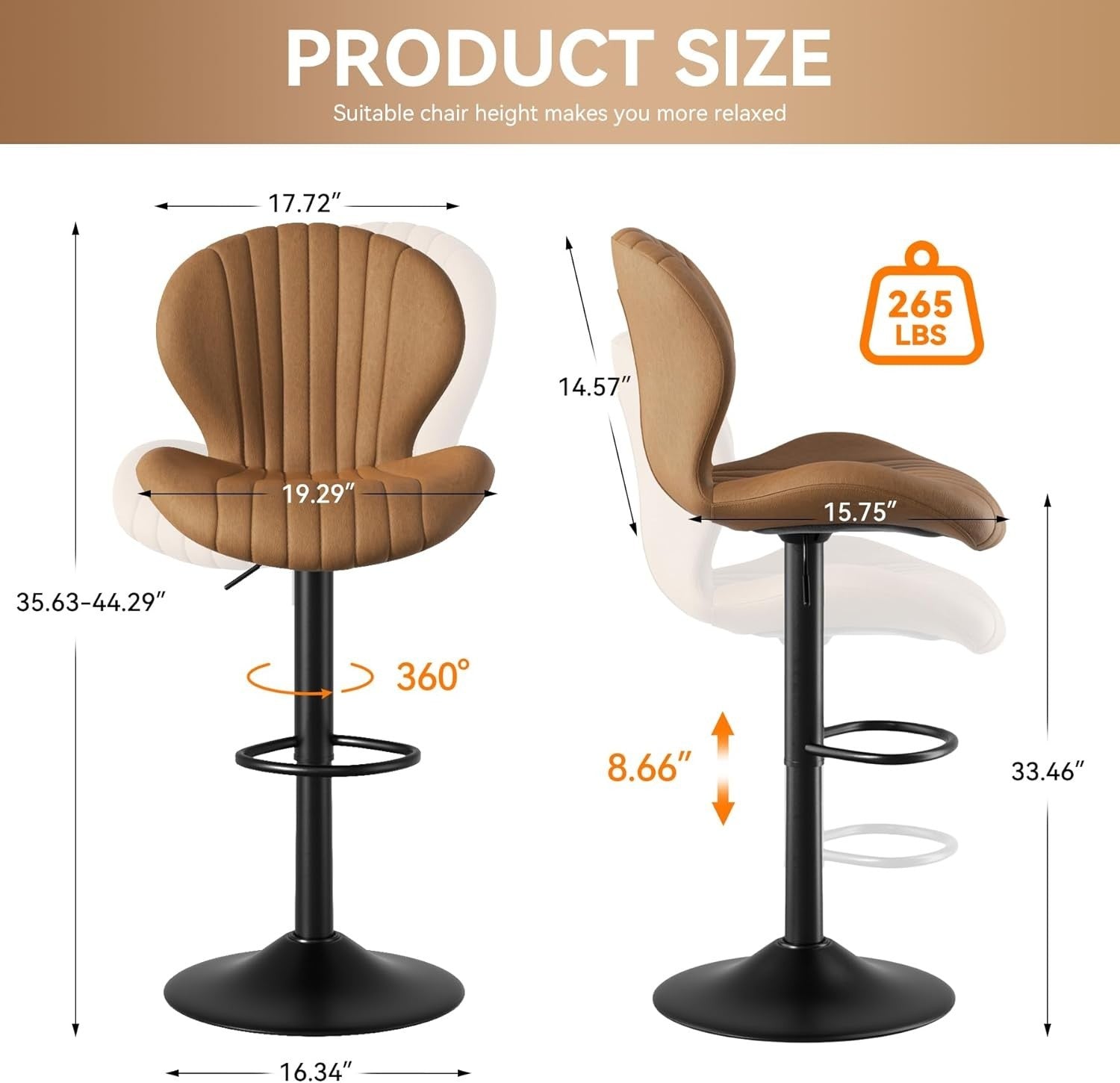 Brown Fabric Bar Stools Set of 2 Swivel Wooden Metal Counter Chairs